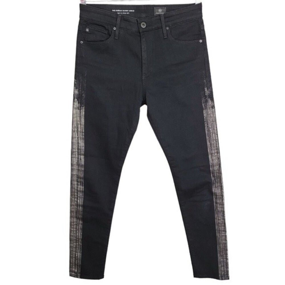 AG Adriano Goldschmied Farrah Skinny Ankle High Rise Black w/Silver Strips 27R